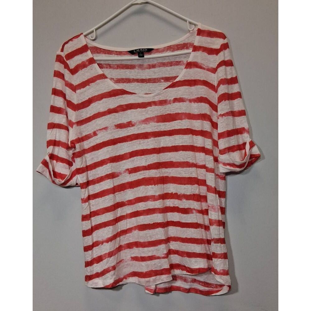 Ralph Lauren womens large 100% linen tshirt scoop neck red white stripe - Picture 3 of 9